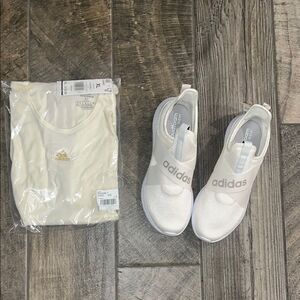 NWT Adidas cloud foam White and Tan Slip-On athletic Shoes. Top not included.